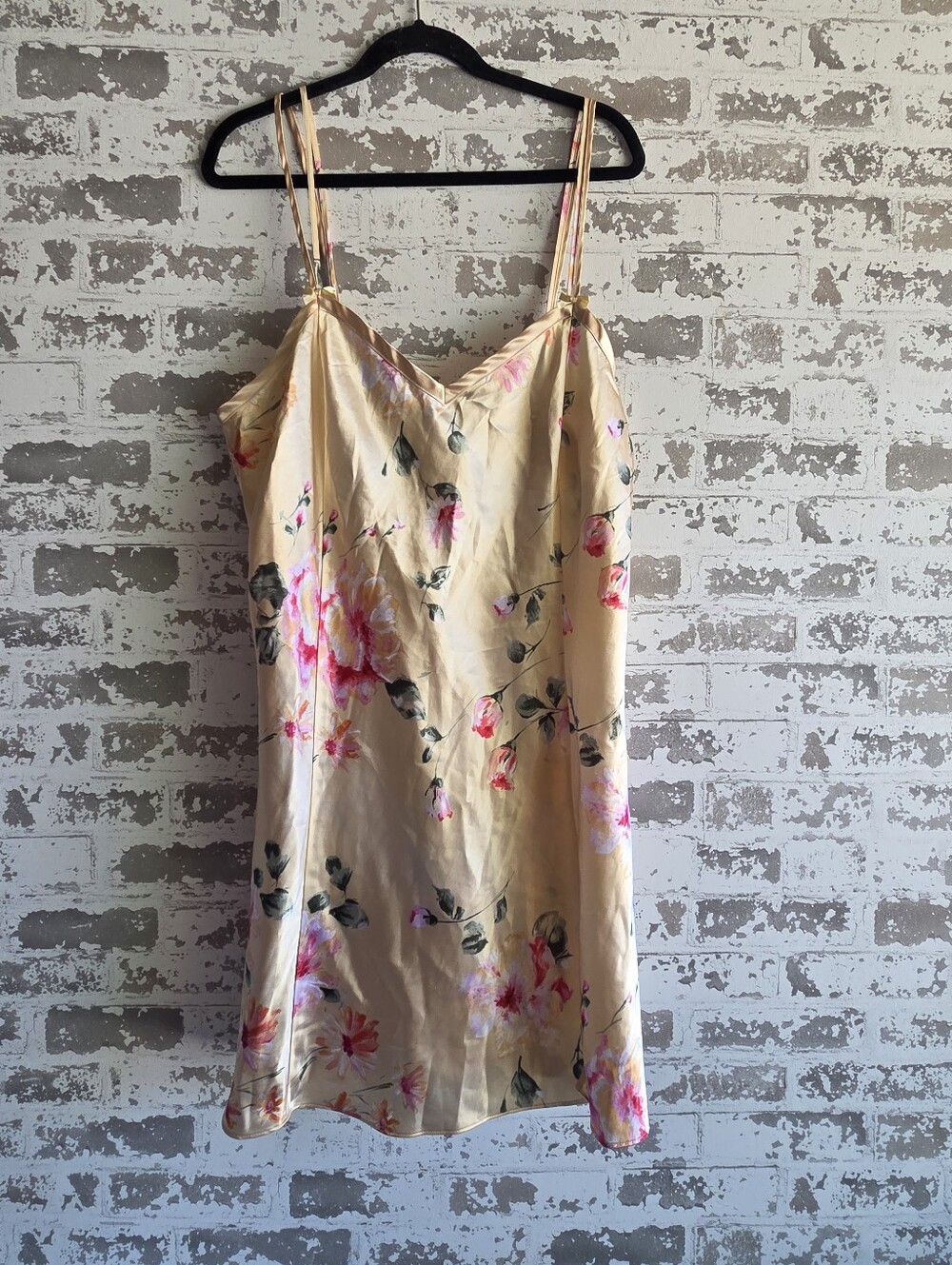 Vintage Delicates Floral Slip Dress XL Gold Silk-Like Cottagecore Coquette